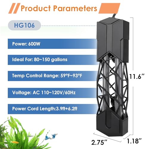 hygger Submersible Aquarium Heater More Efficient Fish Tank Heater with Adjustable Temperature Control, Auto Off & Overheat Protection for Saltwater Freshwater (600W) - size: 600W