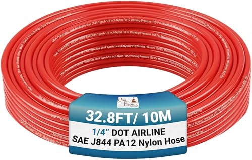 Utah Pneumatic 1/4" DOT Air Line SAE J844 PA12 Nylon Tubing for Air Suspension, Industrial Automation, Workshop Air Systems, Misting & Fluid Transfer, Red - 10 Meters (32.8ft) - color: Red, size: 1/4" x 32.8 Feet