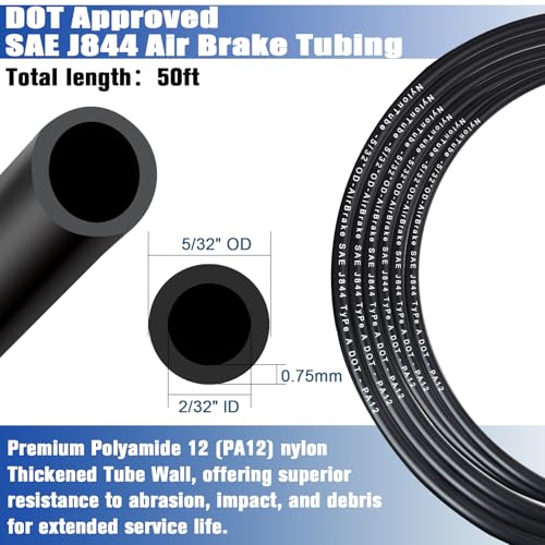 5/32" OD x 50FT DOT Air Line Black SAE J 844 PA12 Nylon Air Brake Tubing with Cutter and Teflon Tape, Pneumatic Nylon Air Line Hose for Semi Truck Trailer Air Brake System & Fluid Transfer - size: 50FT-5/32"OD