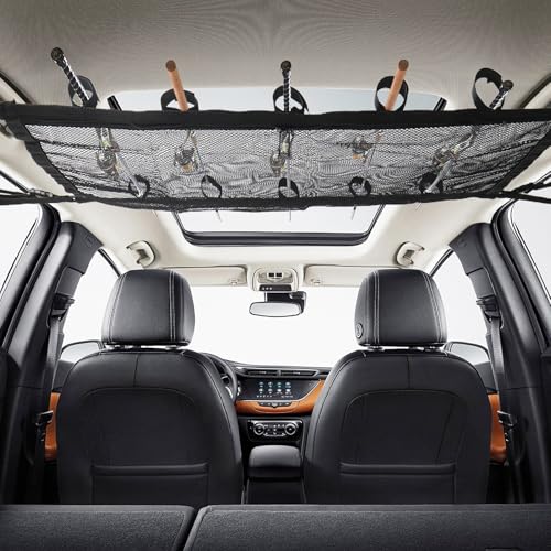 Klmnop Car Fishing Rod Holder, Double Layers Ceiling Fishing Rod Storage Net with 5 Rod Capacity and Zipper, Foldable Mesh Fishing Rod Storage for Car Inside(Black)