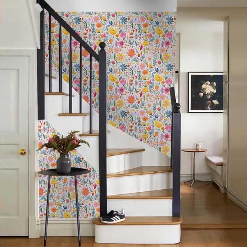 Colorful Fairy Flowers Garden Wildflower Pink/Yellow/Gree/Blue Peel and Stick Wallpaper Wall Decor Self Adhesive Wall Paper Stick on Easy Peel Off Contact for Renter Apartment - color: Fairy Colorful Garden, size: 17.7" x 118"
