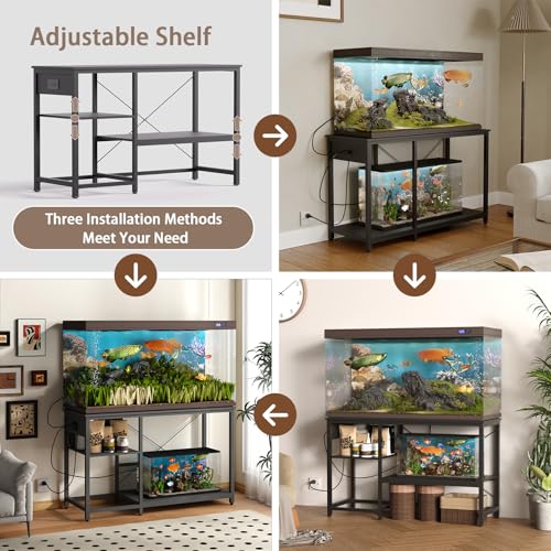 Beuruku 55-75 Gallon Fish Tank Stand with Power Outlet & LED Light, Metal Aquarium Stand with 3 Tier Adjustable Storage Shelves, for Reptile & Turtle Tank, 52" L*19.5" W, Black - color: Black, size: 55-75 Gallon