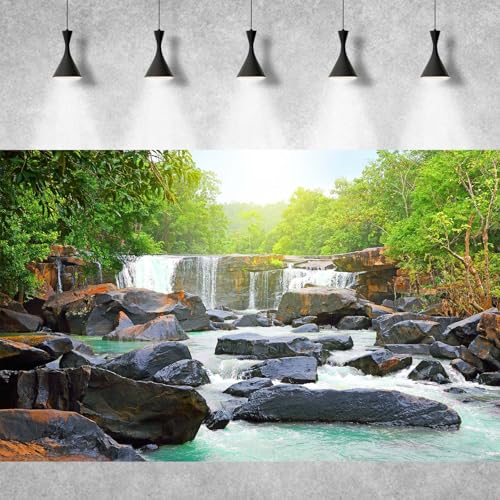 Waterfall Aquarium Background Natural Jungle Forest Landscape Terrarium Background Lush Green Trees Plants Stream Fish Tank Background Falls Forest Rocks Reptile Background Vinyl 24x12in - color: Light Green, size: 24(W)x12(H)in