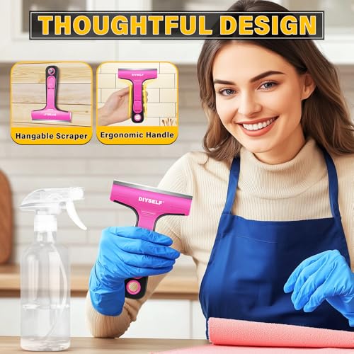 DIYSELF 1 Pack Razor Blade Scraper with 10 Extra Razor Blades, Scraper Tool, Glass Scraper for Cleaning, Glass Stove Top Scraper, Window Scraper, Paint, Cooktop, Oven Scraper, Razor Scraper Tool - color: Pink, size: 10PCS Metal Blades