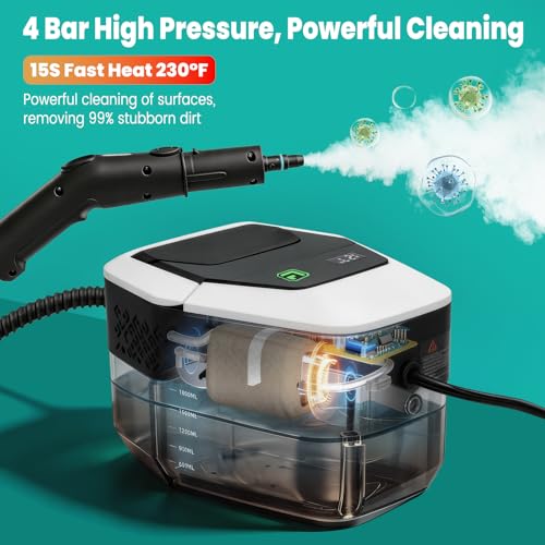 Portable Handheld Steam Cleaner, 4Bar High Pressure Steamer, 15s Fast Heat Up, 3Level Adjustable Handle, 1800ml Large Tank, 20 Accessories for Home, Car Detailing, Grout, Tile, Carpet Cleaning