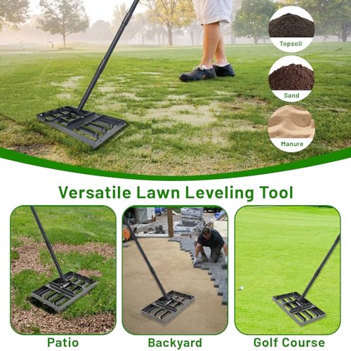 Lawn Leveling Rake 17"x10",Lawn Leveling Tool with 68" Long Adjustable Stainless Steel Handle for Leveling Soil,Grass,Sand or Dirt,Heavy Duty Lawn Leveler for Backyard,Garden,Golf Course,Farm,Pasture - style: 17"x10"