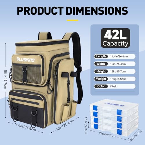 PLUSINNO Fishing Backpack with Rod Holders, 42L Large Water-Resistant Tackle Bag for Fishing, Camping, Hiking, Gifts, Khaki (4 Tackle Boxes Included), 36,6 x 25,4 x 45,7 cm, Sporty, functional - color: Khaki (4 Tackle Boxes Included)