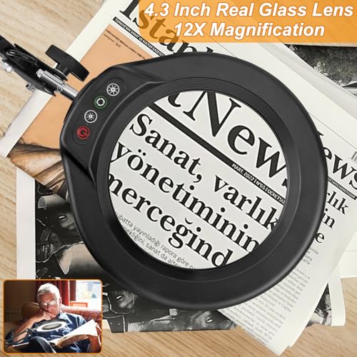 12X Large Magnifying Glass with Light and Clamp, Real Glass, 5 Color Modes, Stepless Dimmable, 2 x 16 Inch Adjustable Swing Arm Stand Desk Lamp, LED Lighted Magnifier Hands Free for Close Work, Hobby - color: Black, size: 12X 32inch Clamp