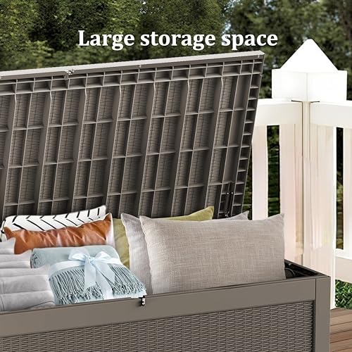 TARKARI 320 Gallon Outdoor Storage Box Waterproof, Resin Deck Boxes with Lockable Lid & UV-Resistant for Patio, Pool, Garden Furniture Cushions & Accessories, Coffee - color: Coffee, size: 320 GAL