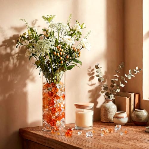 Syhood 570 Pcs 5 Sizes Orange Clear and Amber Fake Crushed Ice Rocks Acrylic Crystal Gems Plastic Diamonds Marble for Vase Fillers Decoration Wedding Holiday Table Scattering Room Decor - color: Orange, Coffee and Clear