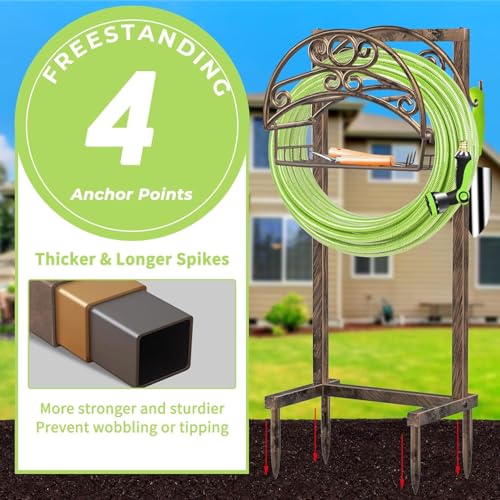 TomCare Garden Hose Holder Upgraded Water Hose Holder Heavy Duty 4 Spikes Hose Hanger Holds 160 Feet Hoses Stable Freestanding Hose Storage Organizer for Outside Yard - color: Bronze