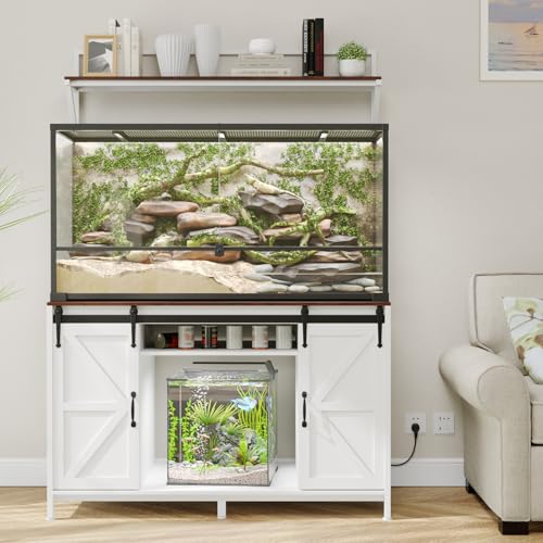 VOWNER Farmhouse Reptile Tank Stand with Power Outlet, 48" X 24" Tabletop Fits up 120 Gallon Bearded Dragon Tank, Heavy Duty Aquarium Stand with Storage Cabinet, Reptile Turtle Terrarium Stand White - color: White + Walnut