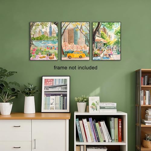 XLARTMY New York City Poster Travel Wall Art Canvas Framed Watercolor NYC Central Park Landmarks Artwork Decor Painting Prints Pictures Set of 3 for Bedroom Living Room Office 12x16in Unframed - color: Watercolor City, size: 12x16in Poster