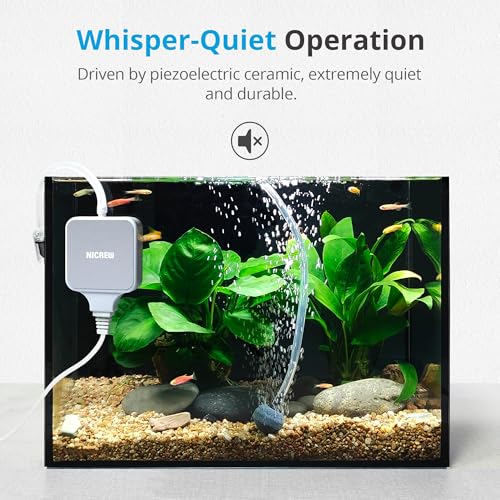 NICREW Nano Silent Aquarium Air Pump White, Aquarium Aerator with Accessories for Up to 10 Gallon Fish Tank, Super Quiet, 0.3 L/min, 1.5 Watts - color: White, size: up to 10 gallon