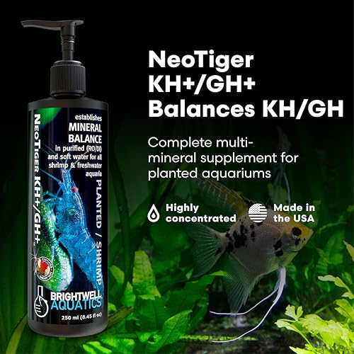 Brightwell Aquatics NeoTiger KH+/GH+ Mineral Supplement Balances Hardness in RO/DI Water with Calcium Magnesium Potassium Sodium for Shrimp Fish Planted Aquariums, 125 ml - size: 125-ml