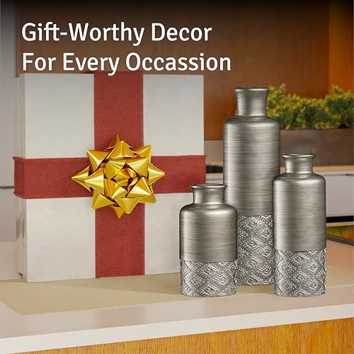Creative Scents Dublin Silver Vases - Set of 3 Vases for Flowers, Decorative Vases, Farmhouse Decor, Premium Décor, Centerpiece Table Decorations for Your Kitchen, Bedroom, Office, Living Room - color: Silver