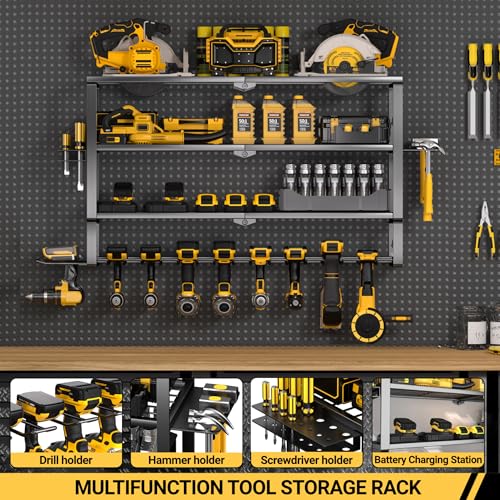 YYR Large Power Tool Organizer Wall Mount, Heavy Duty Metal Cordless Drill Storage Rack with Battery Charging Station Shelf, Utility Racks for Garage Organization, 4 Layer 10 Drills Holder Extra Tall - size: 4 Layer 10 Drills Holder Extra Tall