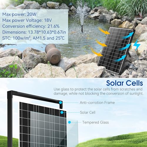 NFESOLAR Solar Water Fountain Kit, Pond Filter with 20W Solar Panel, 120 GPH Solar Water Pump, 4 Sprayers for Outdoor Pond 120-300 Gallons, Fish Tank and Garden Water Features N3212 - size: 20W