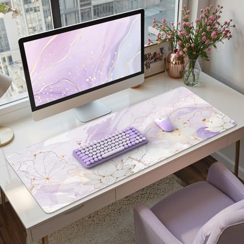 iCasso Desk Cover Mat, Extra Large Lotus Mouse Pad, Desk Pad Mat,Office Matt for Desktop Protector, Anti-Slip XXL Big Mousepad with Stitched Edges for Laptop Computer Keyboard(Purple Lotus Leaf) - color: Purple Lotus Leaf
