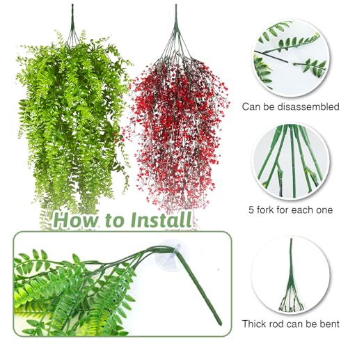 2 Pack Reptile Plants Terrarium Hanging Fake Vines with Suction Cup Artificial Leaves for Bearded Dragons Lizards Geckos Snake Hermit Crab (Red and Green) - color: 2 Pcs ( Red and Green )