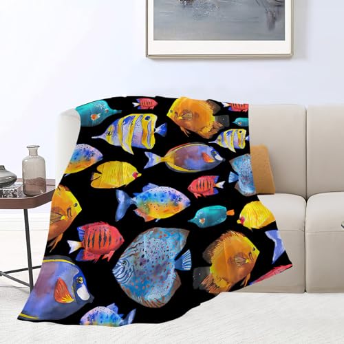 Tropical Fish Blanket Super Soft Warm Fluffy Flannel Colorful Fish Throw Blanket Cozy Fuzzy Plush Fishing Bedding Blanket Gift for Boys Girls Kids Teens Adults Couch Sofa 80"x60" - color: Colorful Fish, size: 80"x60"