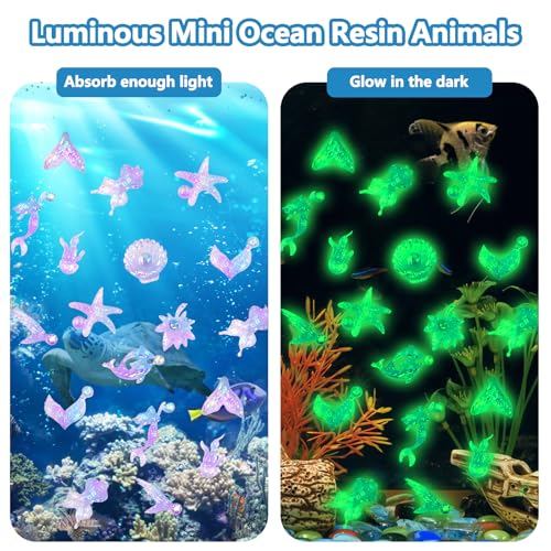 50 PCS Mini Resin Glowing Sea Creatures Set, Dreamy Blue Resin Marine Decor, Tiny Dolphin/Seahorse/Shell Figures for Aquarium & Mini Landscapes, Glow-in-Dark Ocean Decor - color: Blue