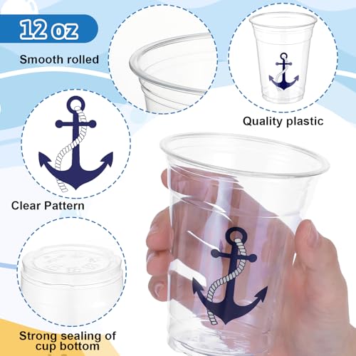 Qinyoung 100 Pcs Nautical Disposable Plastic Cups 12 oz Anchor Theme Blue Clear Party Cups Cold Beverage Drinking Container for Nautical Ocean Theme Birthday Party Supplies - style: Nautical