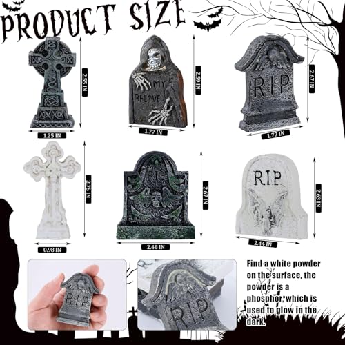 6 Pcs Fluorescent Halloween Miniature Tombstones Mini Village Accessories Resin Halloween Figurines Glow in The Dark Tombstones Ornaments for Fish Tank Cake Decor Landscape DIY Crafts