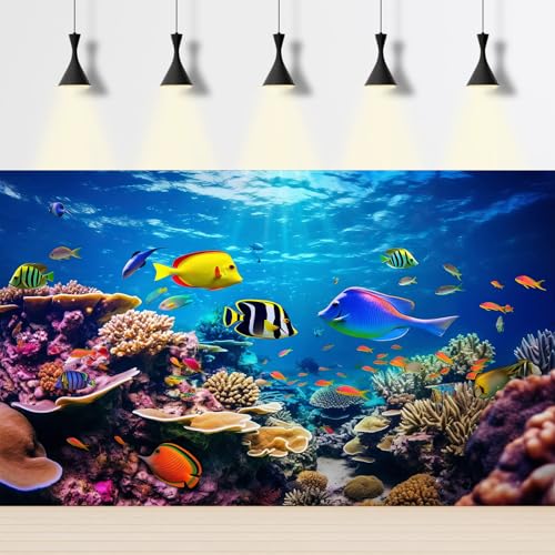 Under The Sea Aquarium Background Coral Reef Ecosystem Colorful Tropical Fish Terrarium Background Ocean Underwater Theme World with Sunbeams Fish Tank Backdrop Wallpaper Decor Poster 24x12in - color: Navy Blue, size: 24(W)x12(H)in