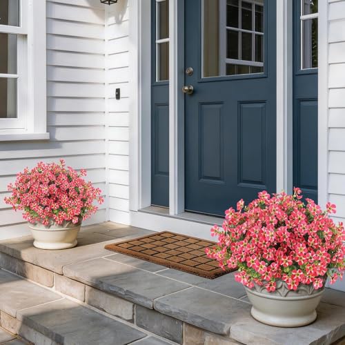 VIERENA 12 Bundles Artificial Flowers and Eucalyptus for Outside, Sun Resistant Silk Fake Morning Glory with Faux Eucalyptus Plants for Garden Porch Farmhouse Home Spring Summer Decor (Rose Red) - color: Rose Red