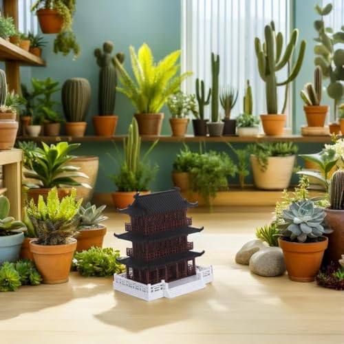 Luxshiny Miniature Asian Architectural Three-Story Pavilion with Base 7.5×6cm Vintage Ancient Building Decor for Desktop Fish Tank Micro Landscape Ornament