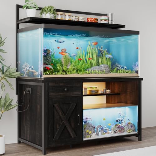 55-75 Gallon Fish Tank Stand with Power Outlet, Led Light, Heavy Duty Aquarium Stand with Cabinet for Fish Tank Accessories Storage, Shelf, for Turtle Tank, Reptile Terrarium, 1100 LBS (Oak) - color: Oak