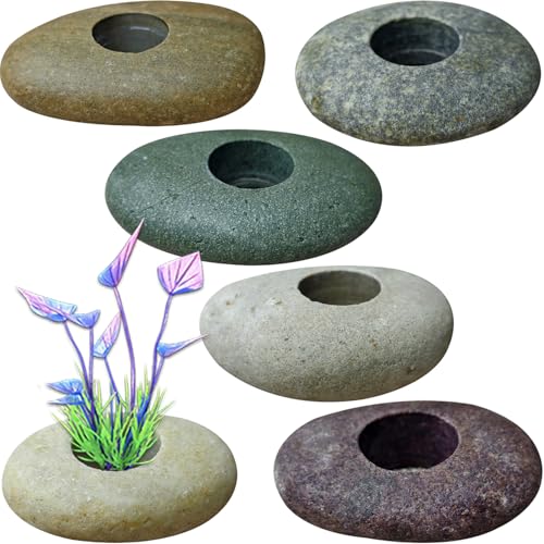 Natural River Stone Plant Weights for Aquarium, Handmade Pebble Anchors for Aquatic Plants, Fish Tank Decorations, Unique Shape & Size, Landscape Plant Weights (Small 0.8″ Hole 6pcs) - color: Small 0.8″ Hole 6pcs
