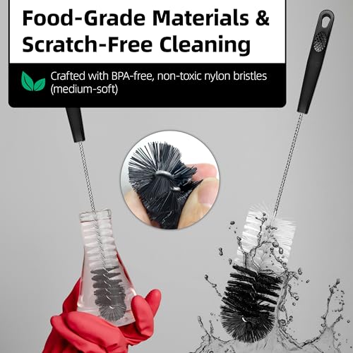 2 Pcs Bottle Brushes Set, Long Thin Flexible Bendable Flexible Cleaner for Narrow Neck Bottles, Water/Wine/Beer/Baby Bottles, Pipes, Tubes, Hoses, Teapots - Bendable & Dishwasher Safe