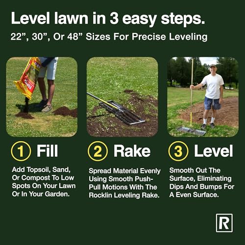 Rocklin™ Lawn Leveling Rake | Stainless Steel Leveling Tool | Level Soil or Dirt Ground Surfaces Easily | 48” x 10” Ground Plate | 78” Extra Long Handle Yard for Dad, Husband & Men - size: 48 Inches