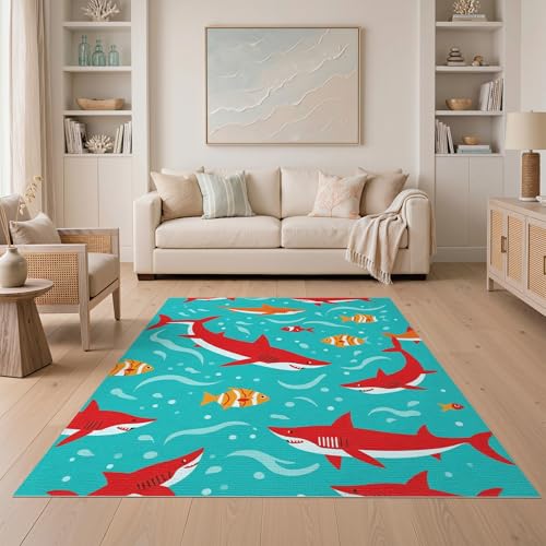 5'x7' Washable Contemporary Shark Area Rug, Turquoise Flatwoven Floor Covering Non-Slip Chair-Friendly Carpet for Dining Room, Under Table, Home Office | Ref:2070035 - color: Blue/Pattern 12, size: 5' x 7' (Rectangular)