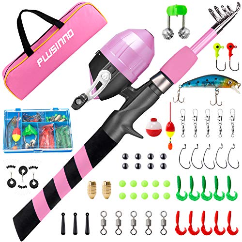 PLUSINNO Kids Fishing Pole, Portable Telescopic Fishing Rod and Reel Combo Kit - with Spincast Fishing Reel Tackle Box for Boys, Girls, Youth - color: Pink, size: 3.94 ft