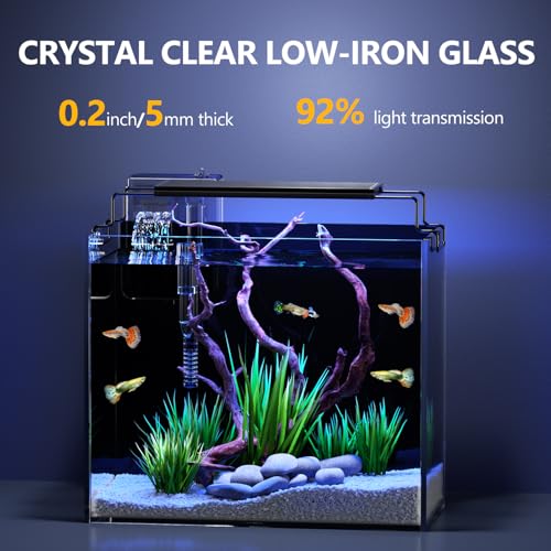 3 Gallon Fish Tank Aquarium Kit with HOB Filter, LED Light with Timer, Lid, Siphon Vacuum Cleaner, Self Cleaning Glass Rimless Betta Tank - size: 3 Gallon