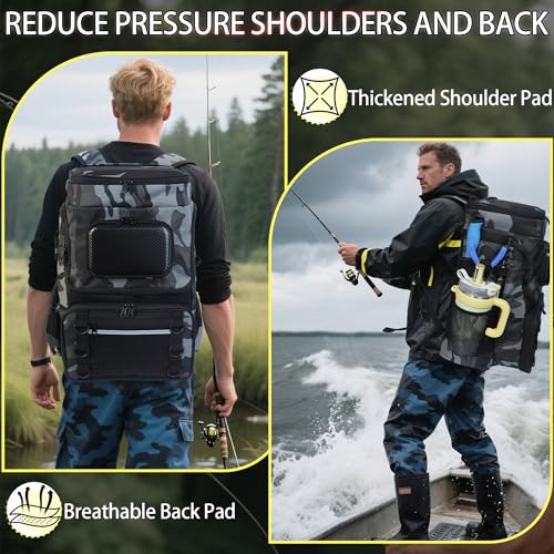 Fishing Backpack with Rod Holder, Large 50L Tackle Bag Water Resistant Tackle Backpack Heavy Duty Fishing Bag Gift for Men Woman - color: Camo Gray without Tackle Boxes or Fishing Tools