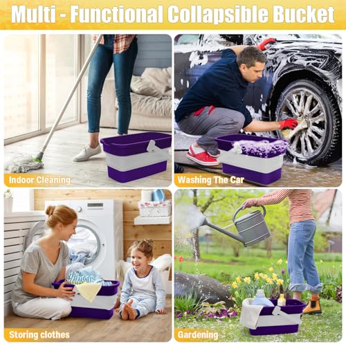 Collapsible Mop Bucket for Cleaning with Handle, Silicone Square Wash Bucket for Windows Cleaning Car Washing,Cleaning Supplies Organizer Plastic Water Bucket - color: Purple