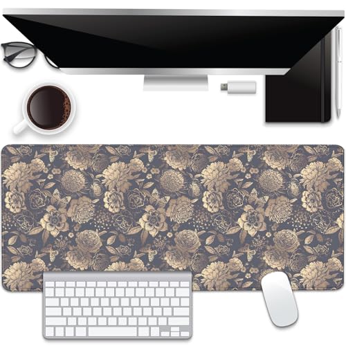 Vintage Roses and Peonies Desk Pad Mouse Pad,Dark Floral Mouse Mat with Stitched Edges,Non-Slip Rubber Base Black Mousepad for Office PC Keyboard Laptop and Home Work Desk Mat(27.5X11.8 in) - color: Retro Flowers