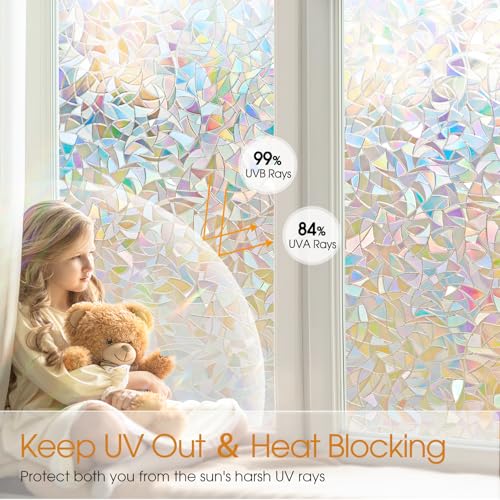 Beautyhero Window Privacy Film, Frosted Reeded Glass Cling, 3D Decorative Coverings with UV Blocking, Static Cling Tint for Bathroom Doors Cabinet - color: Rainbow, size: 17.5 x 78.7 Inch