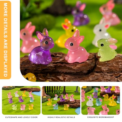 60 pcs Easter Mini Bunnies Luminous Small Rabbit Figures Miniature Little Small Animal Figurines Bulk for Micro Fairy Garden Landscape Accessories Hide Crafts Decor Aquarium - color: Rabbit-60p