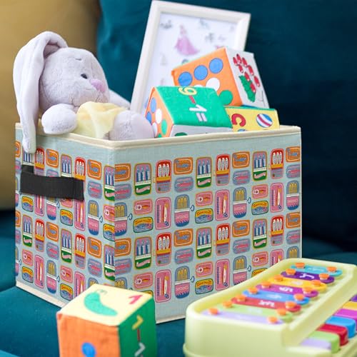 Blue Coastal Beach Sardine Fish Storage Bin Box, Trendy Seafood Ocean Collapsible Storage Basket Organizer for Boys Bedroom Bathroom Beach House Clothes Toys Books, Toybox for Boys
