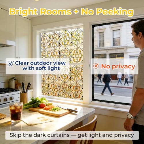 OHTMERU 3D Stained Glass Window Privacy Film, Heat Control UV Blocking Static Cling Decorative Window Film for Bathroom,Front Door,Home Non Adhesive 16.9 x 39.3 inches Golden Filigree - color: Golden Filigree, size: 16.9 x 39.3 inches