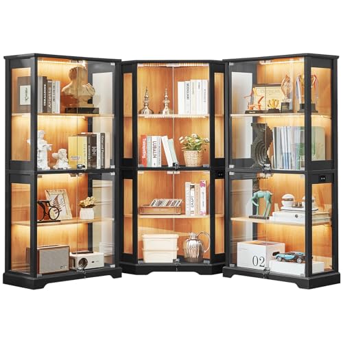 LELELINKY Farmhouse Glass Display Cabinet Set of 3 with Doors, Corner Curio Cabinet for Collectibles, Wooden Display Cabinets for Home, Office, Living Room, Corner, Black - color: Black, size: Set C