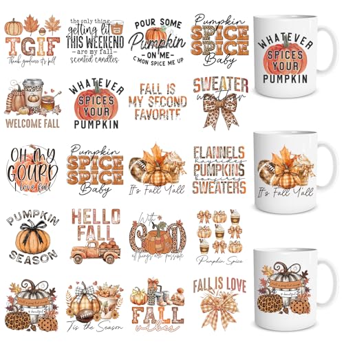 Fall UV DTF Stickers - 20 Sheets Vintage Autumn UV DTF Cup Wraps for 16 OZ Glass Mugs, Pumpkin Bow Football Rustic UVDTF Stickers, Rub on Transfer Decals for DIY Water Bottles Crafts - style: Vintage Fall
