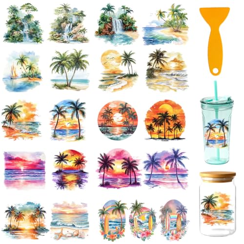 21 Pcs Palm Beach UV DTF Cup Wraps for 16OZ Glass, 4.3 x 9.4 Inch Beach Sunset UV DTF Transfer Stickers Waterproof Rub on Transfer Decals for Glass Bottle Vase Furniture Crafts - style: Palm Beach