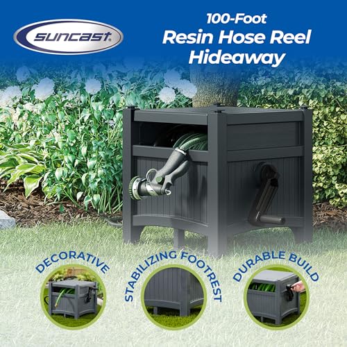 Suncast Garden Hose Hideaway Storage Reel Box, Cyberspace Grey – Resin Outdoor Container, Holds up to 100 Feet of 5/8 Inch Standard Vinyl Water Line – No Assembly Required - size: 100' (Cyberspace)