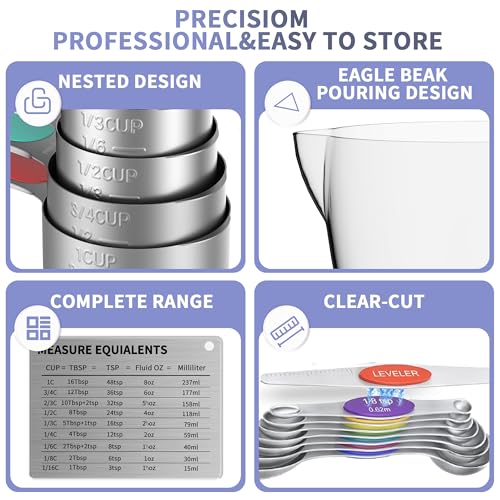 Magnetic Measuring Cups and Spoons Set, 5 Stainless Steel Measuring Cups for Dry and Liquid Ingredients, 7 Magnetic Measuring Spoons, 3 Plastic Measuring Cup with 1 Measuring Conversion Chart - color: Colored